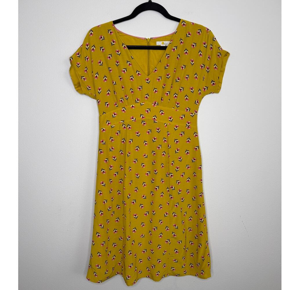 Boden Yellow Floral V-Neck Dress Petite 2P Fit & Flare Lined